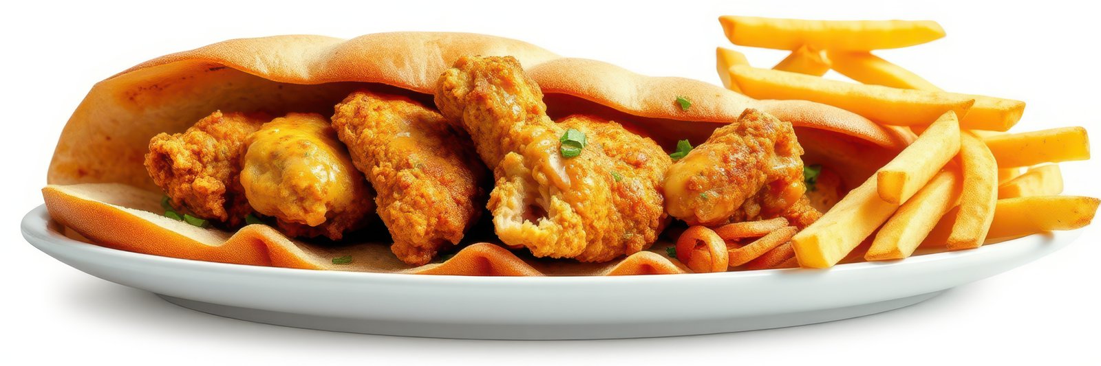 Crispy fried chicken sandwich with fries served on a plate at a casual dining restaurant